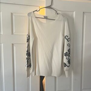 Chico's White Long Sleeve Top with Black Sleeve Embroidery